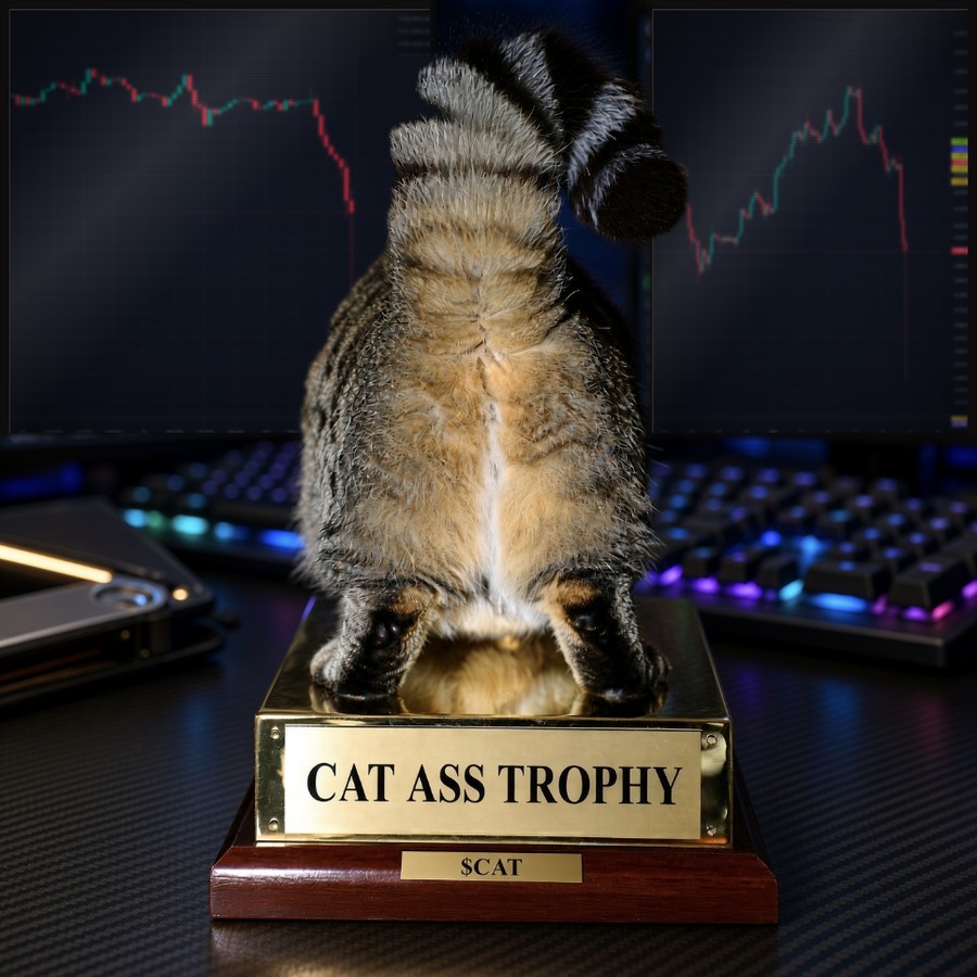 A tabby cat seen from behind, sitting on a gold trophy engraved CAT ASS TROPHY, in front of red crypto charts